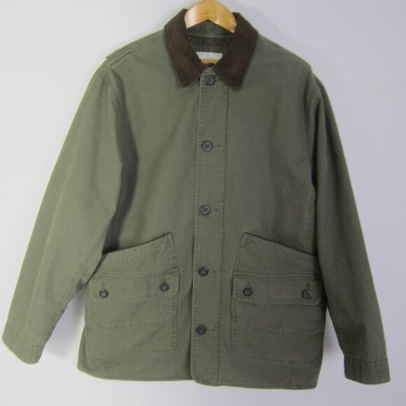 Vtg Orvis Men L Olive Green Barn Canvas Field Jacket Coat Corduroy Collar - Picture 2 of 13